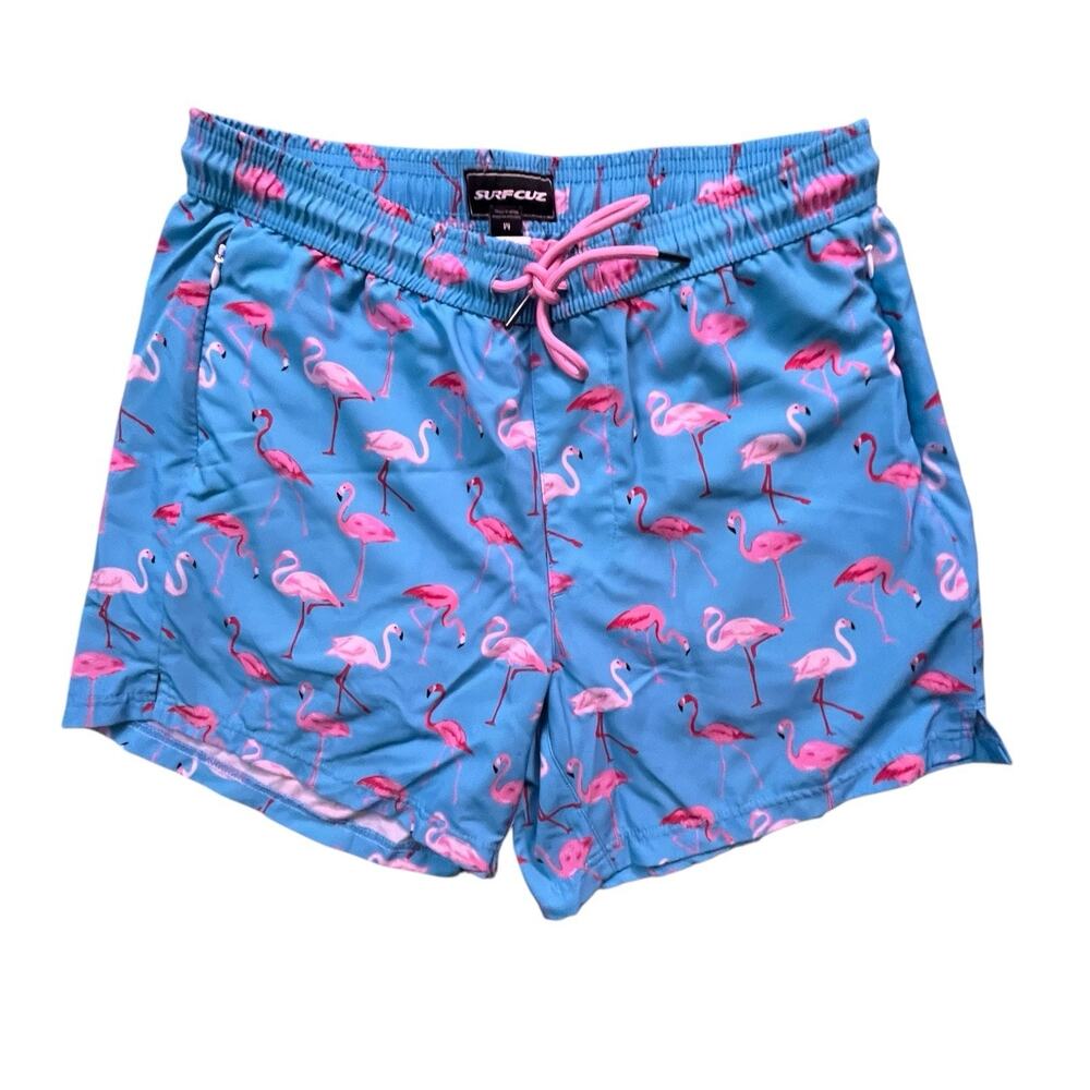 Flamingo Print Swim Trunks Blue Mens Medium Lined